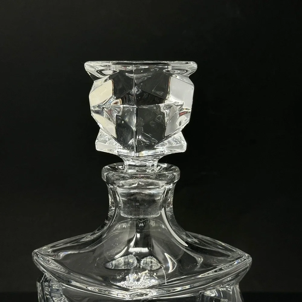 Modernist Brutalist Clear Crystal Glass Whiskey Decanter Geometric Stopper 10in